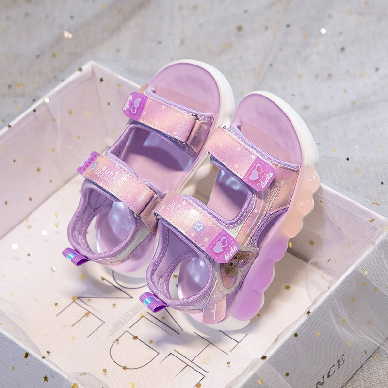 2024 Sandali da ragazza primaverili in pelle artificiale da spiaggia con velcro in gomma rosa viola stile principessa scarpe per bambini dei cartoni animati_voghion.com