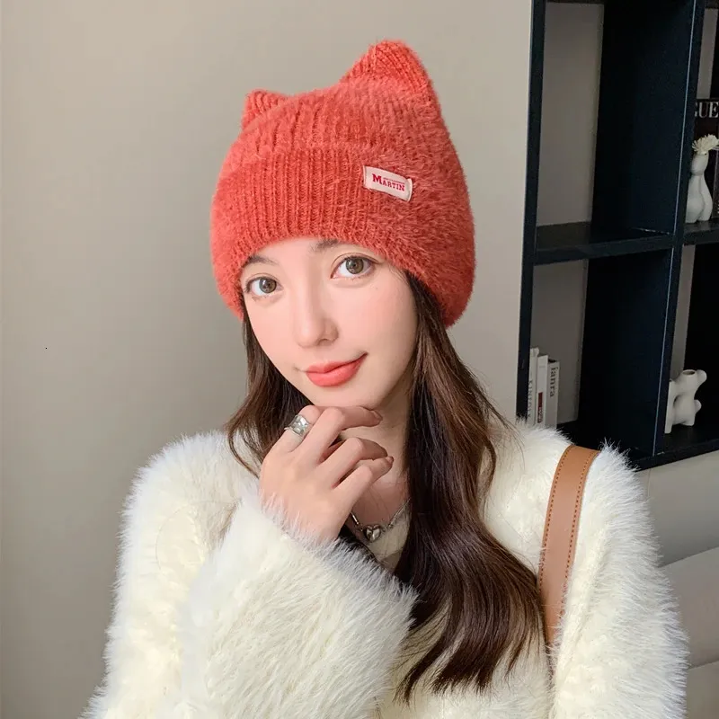 Ženske kape BeanieSkull, slatke mačje uši, zimska kapa s ušima, modna krznena pletena Kpop stila, mekane kape Beanie, ženske slatkiši_voghion.com