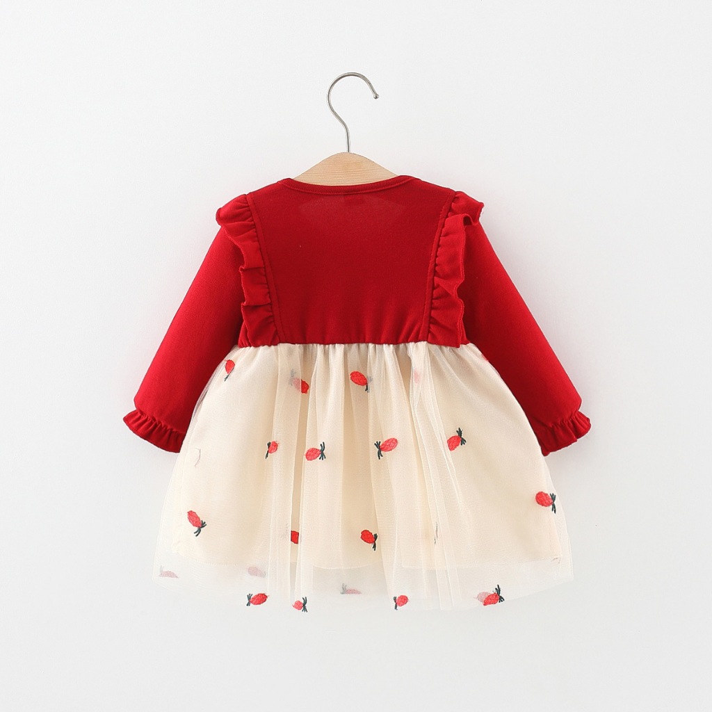 Pasgeboren babymeisje verjaardagsfeest prinsessenjurk lange mouwen ruches tutu kant rode jurk_voghion.com
