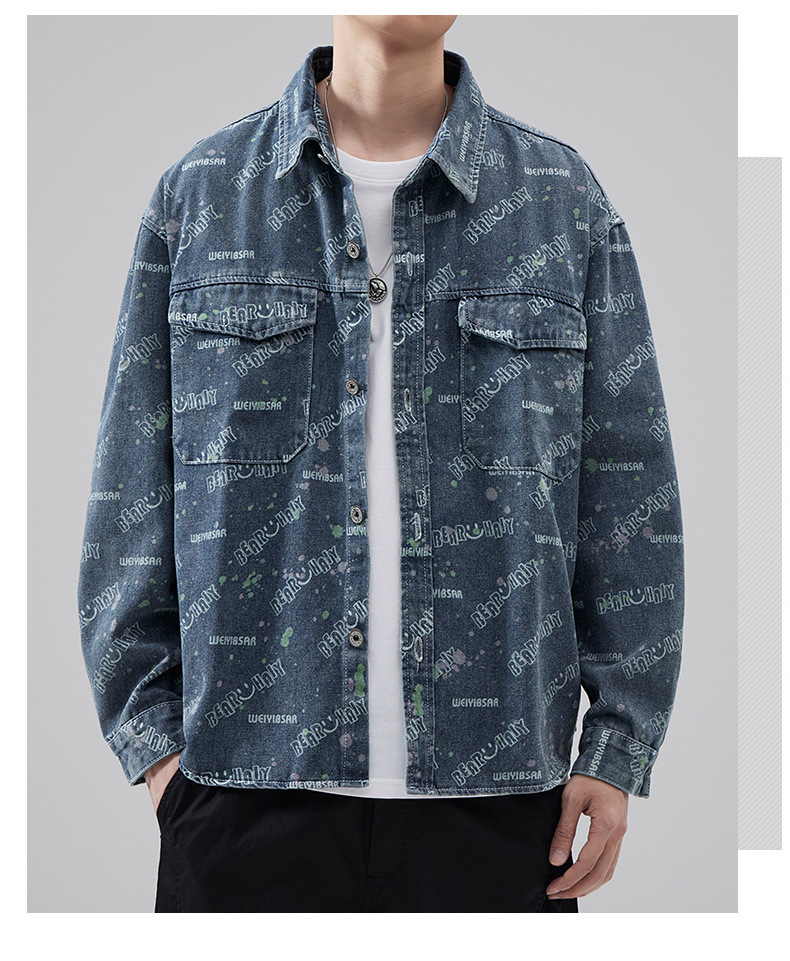 Men's new denim shirt trendy brand loose and casual American retro loose style floral pure cotton Japanese cardigan printed shirt jacket_voghion.com