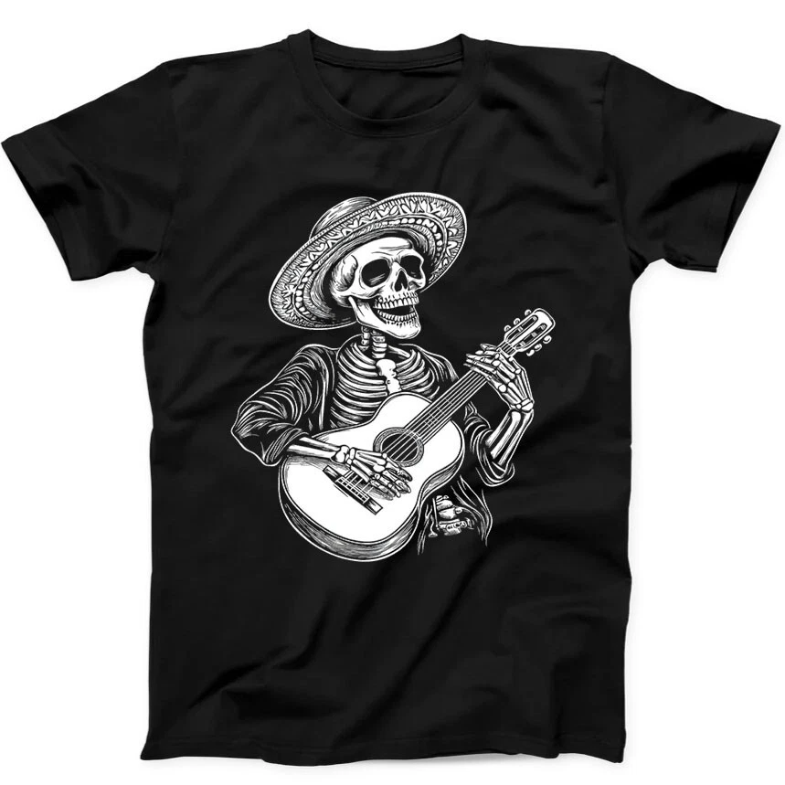 Guitar Player Skull Skeleton Mexican Hat T-shirt Funny Print_voghion.com