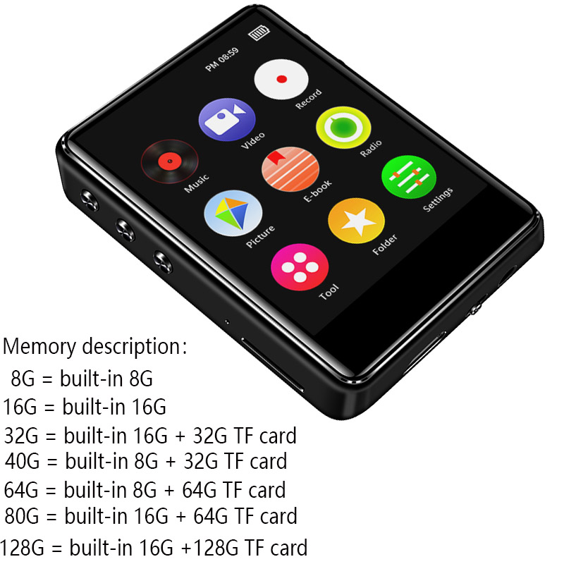 Original metal MP4 player Bluetooth 5.0 touch screen 2.4 inch built-in speaker MP3 with e-book radio recording video playback_voghion.com