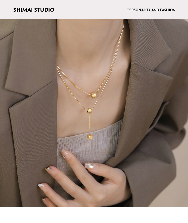 Gold Double-layer Layered Fashionable Small Square Pendant Necklace For Women With Minimalist Temperament, Collarbone_voghion.com