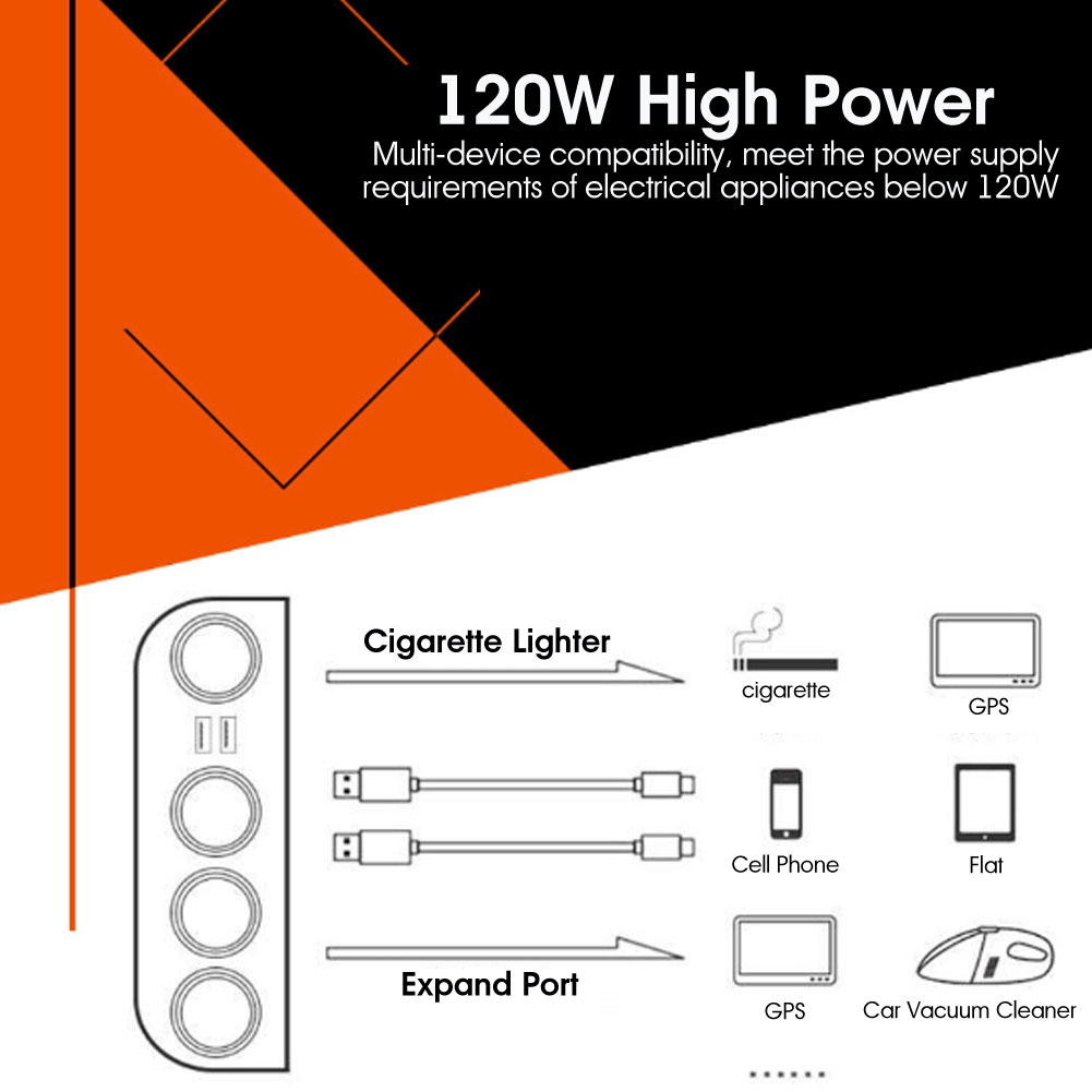 Universal Car Charger 12V 24V 4 Way Cigarette Lighter Multi Socket Auto Charger Car Adapter Dual USB Car Charger_voghion.com