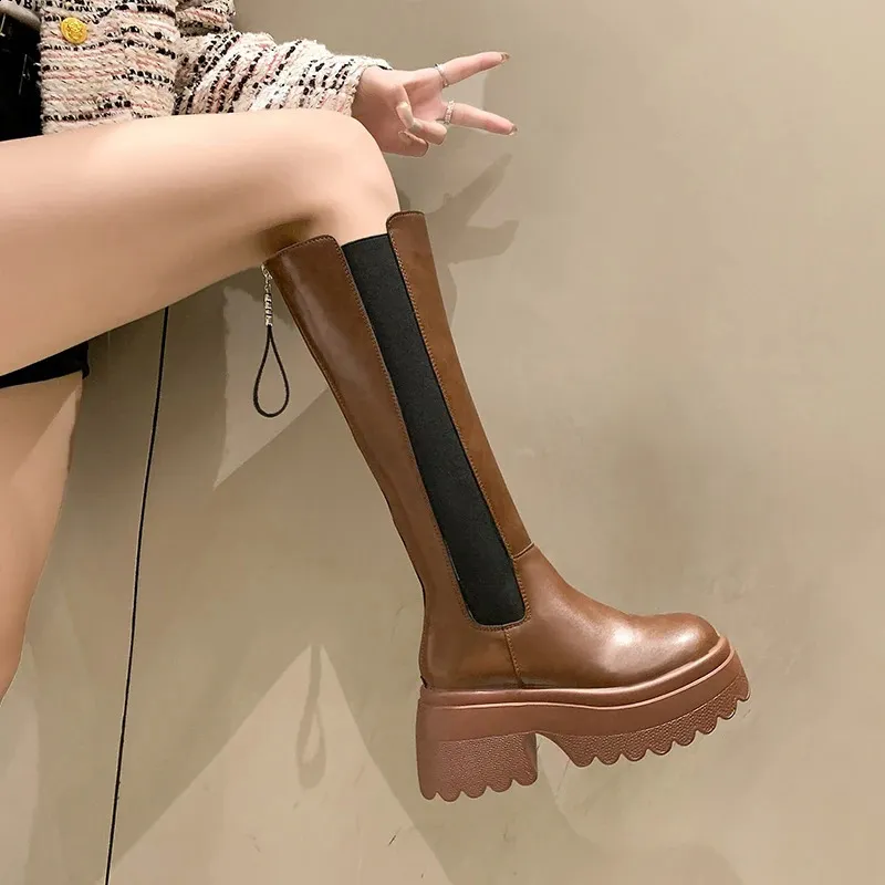 Platform Knee-high Boots For Women Leather Winter Motorcycle Style_voghion.com