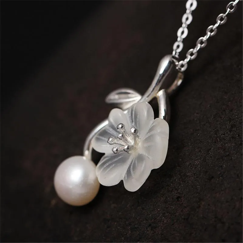 Anheng Halskjeder Ekte Sterling Sier Håndlagde Designer Fine Smykker Hvit Naturlig Perle Delikat Plommeblomst Blomst_voghion.com