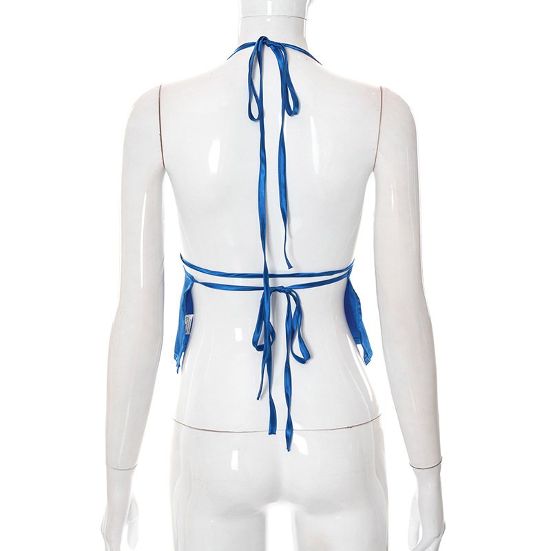D22TP135 Estate Nuovo 2024 Tinta unita Lace up Collo Appeso Senza Maniche Ombelico Aperto Indietro Canotta da Donna_voghion.com