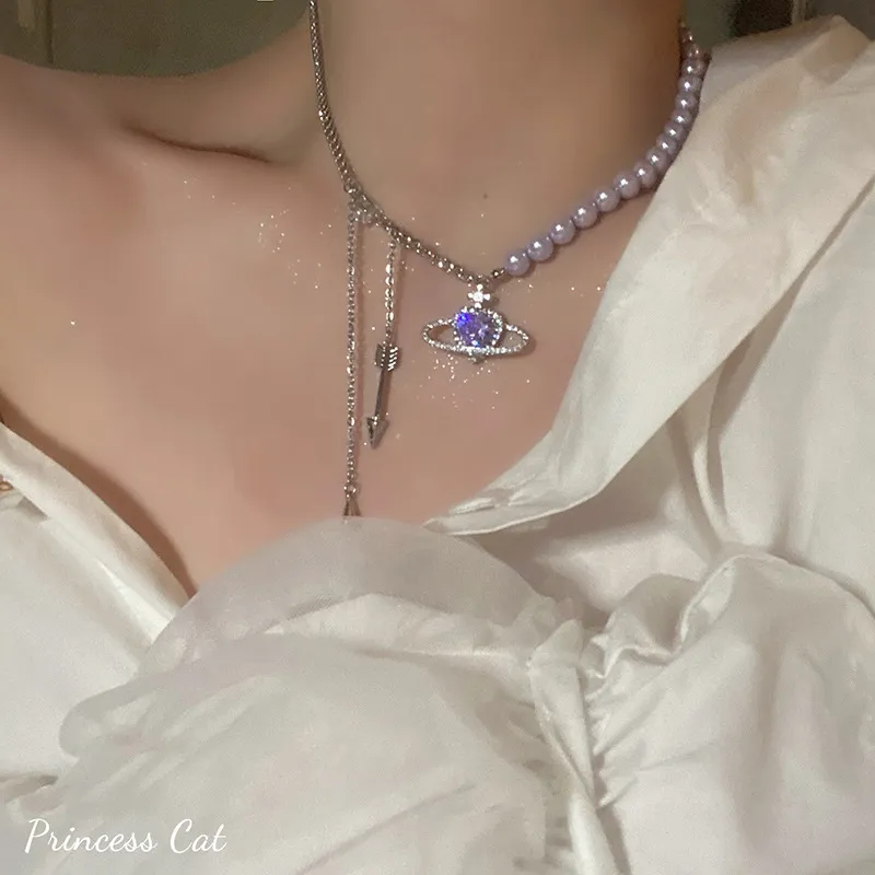 Collane con ciondolo a forma di cuore in cristallo viola Collana con universo per donna Squisita collana con perline di perle Catena girocollo Festa_voghion.com