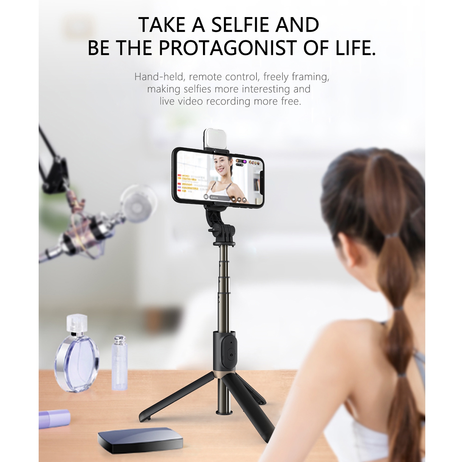 Q03S Supporto per telefono cellulare con treppiede per selfie stick Bluetooth con luce di riempimento (bianco)_voghion.com