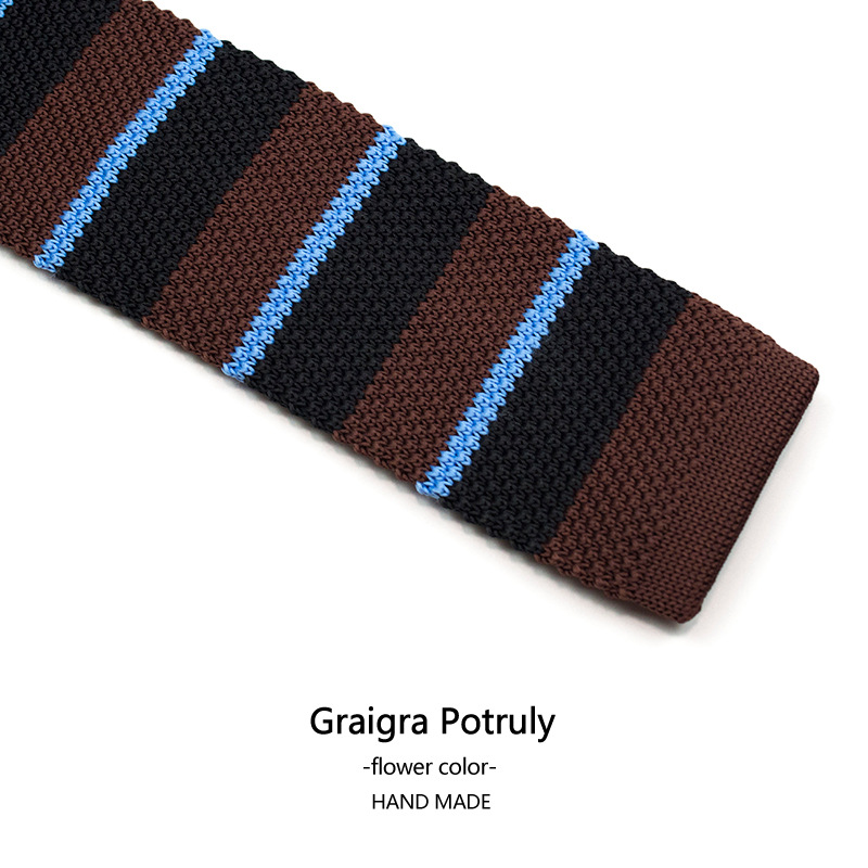 Dark green small tie narrow version coffee color retro striped flat knitted tie_voghion.com