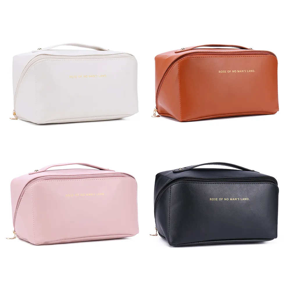 Trousse de maquillage en cuir pour femmes, grande capacité, organiseur de rangement pour pinceaux, idéal pour les voyages._voghion.com