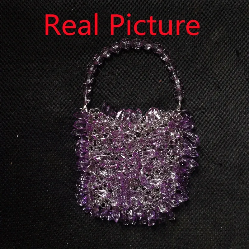 Borsa a secchiello piccola da sera in cristallo trasparente intrecciato a mano, verde, blu e giallo, fatta a mano, estiva_voghion.com