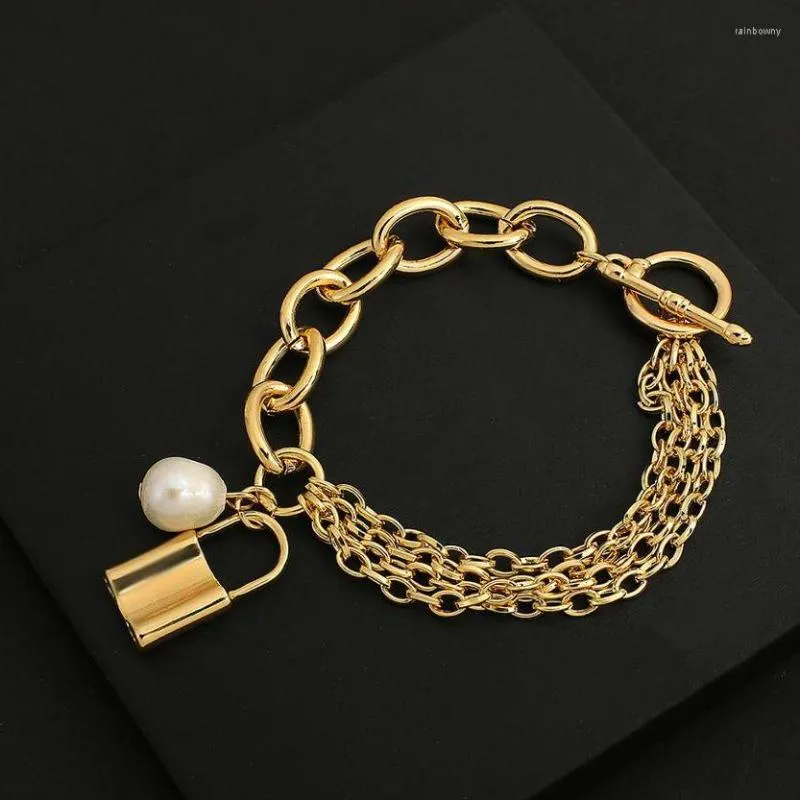 Brățări Flashbuy de culoare aurie, elegante, din metal, gros, lanț gros cu perle, pandantiv, bijuterii de modă, Pulseira_voghion.com