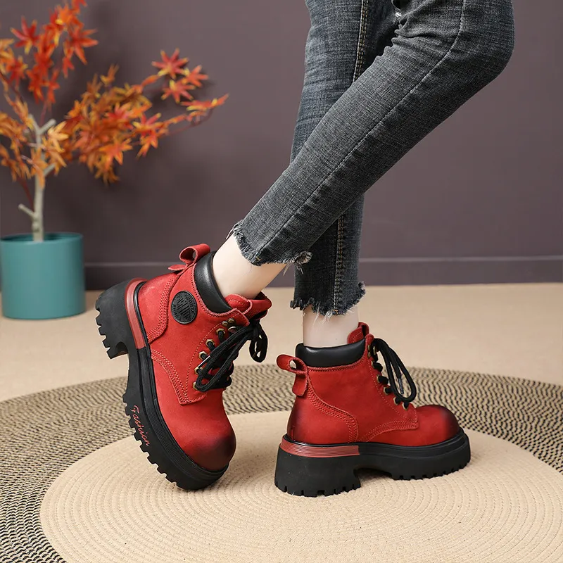 Genuine Leather Motorcycle Boots For Women Round Toe Thick Sole_voghion.com