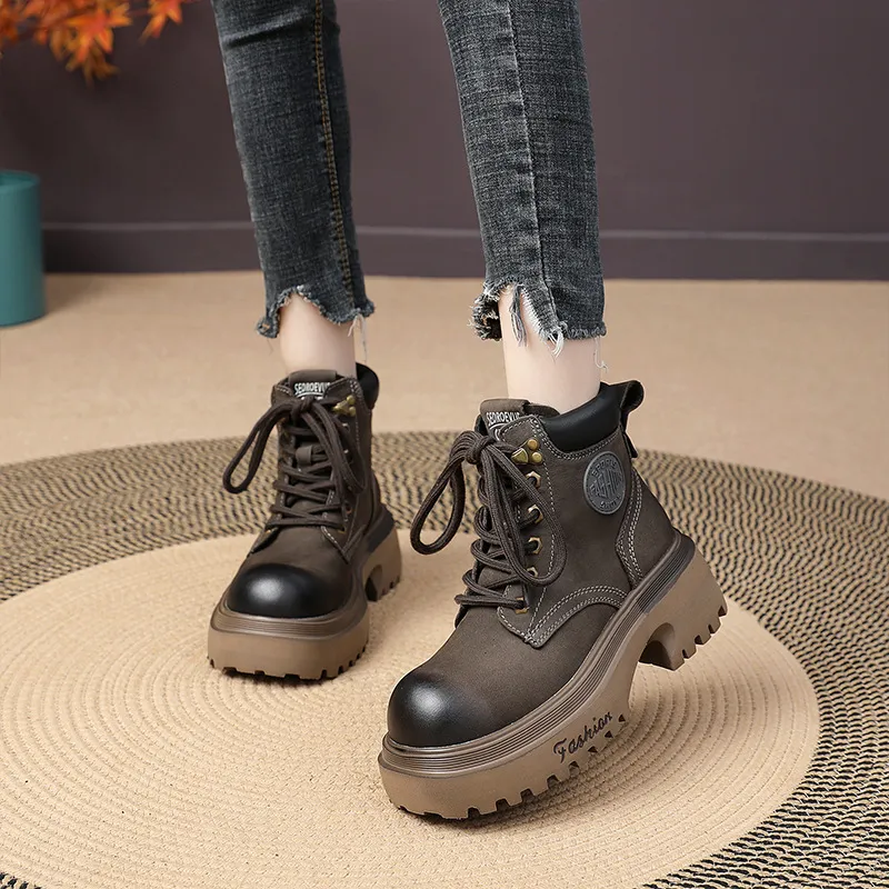 Genuine Leather Motorcycle Boots For Women Round Toe Thick Sole_voghion.com