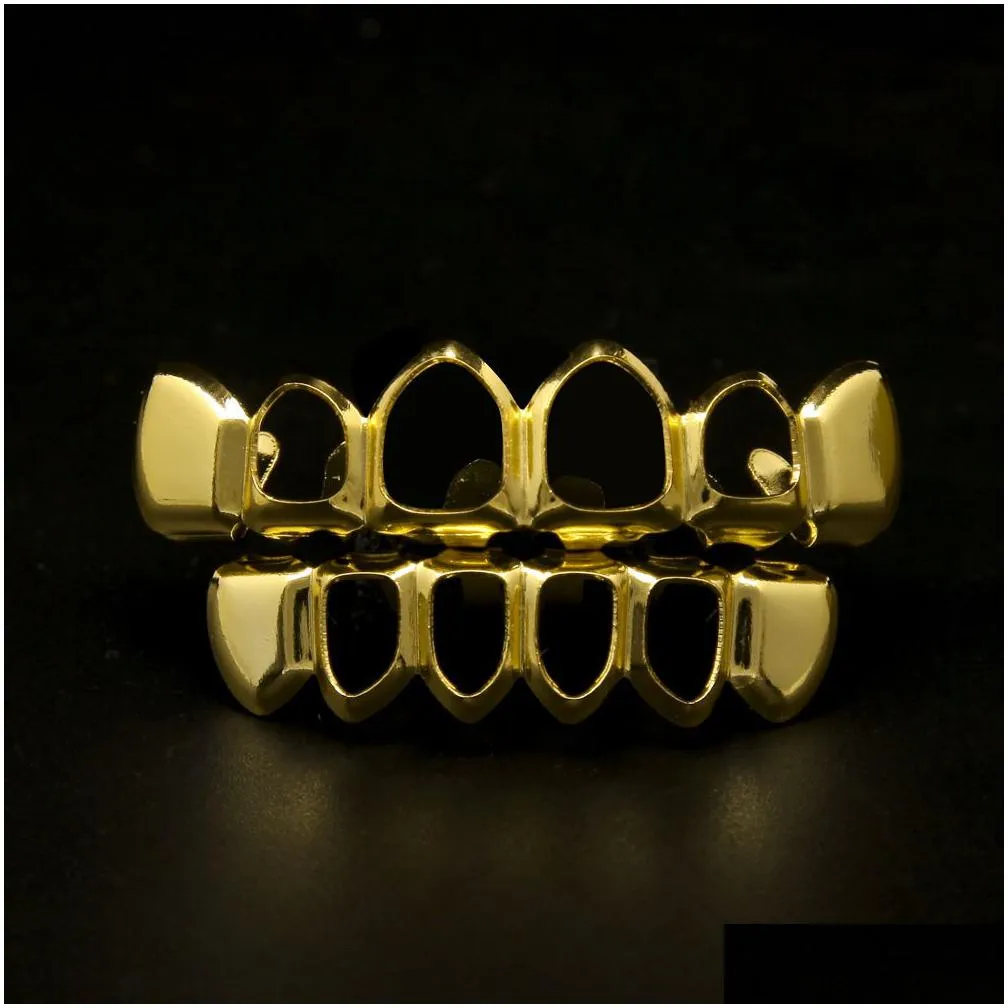 Grillz, Dental Grills New Real Gold Plated Iced Out Hiphop Hollow Teeth Grillz Top Grill Halloween Christmas Party Gift_voghion.com