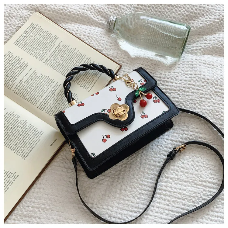 Fashion Crossbody - Cute Cherry Print Small Square Bag With Fresh Color Contrast, Lightweight For Daily Use_voghion.com