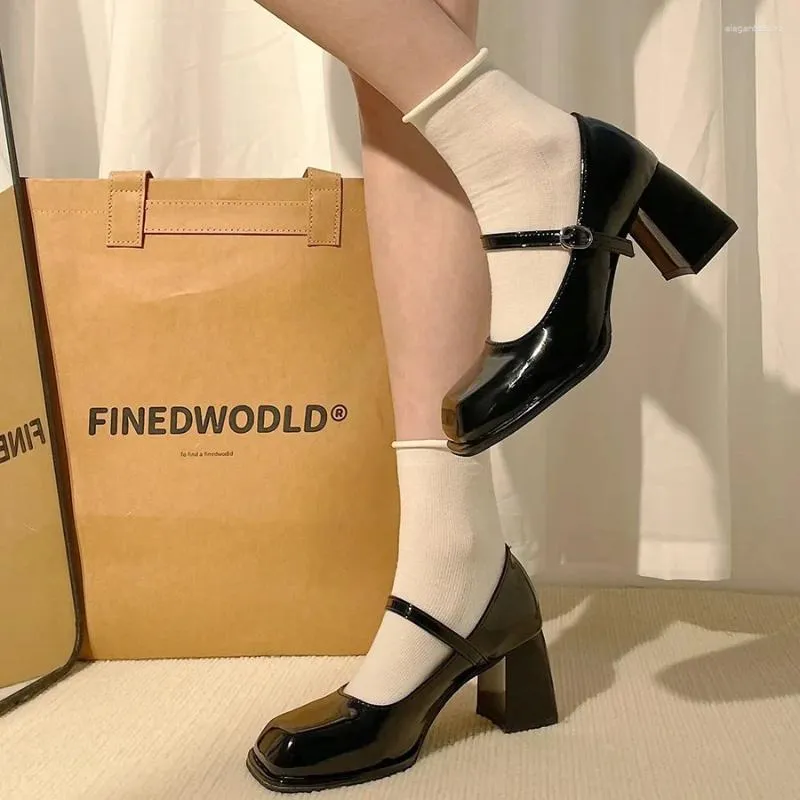 Drs Sho Schwarze High Heels für Frauen 2025 Frühling und Herbst Square Toe Dicke Ferse Mary Jane Mode Medium Büro_voghion.com