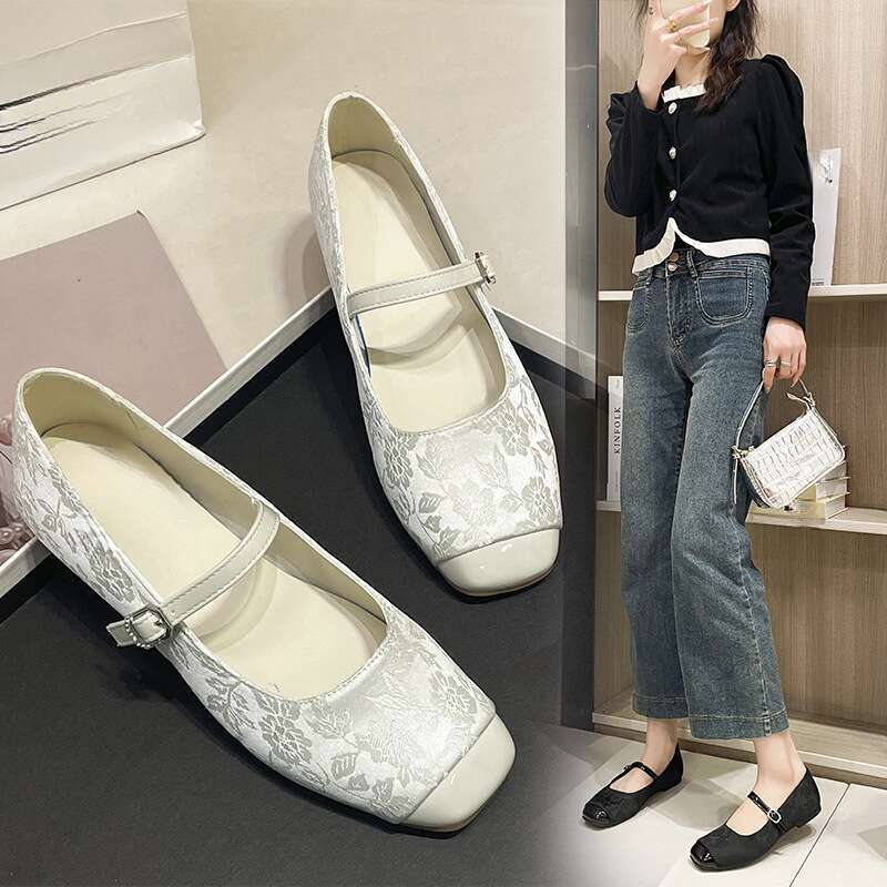 Neue Mary Jane Damen Frühlings-Cheongsam-Schuhe mit dicker Unterseite und flachem Absatz, Pferdegesicht, kleine duftende quadratische Zehenpartie_voghion.com