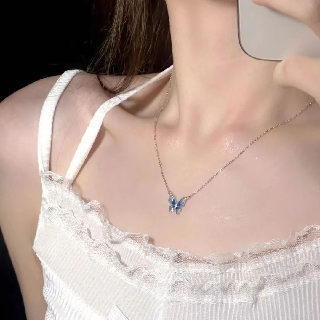 Chains Smart Gradient Blue Butterfly High-end Design Necklace Niche Light Ins Style Simple Fashion Clavicle Chain For_voghion.com