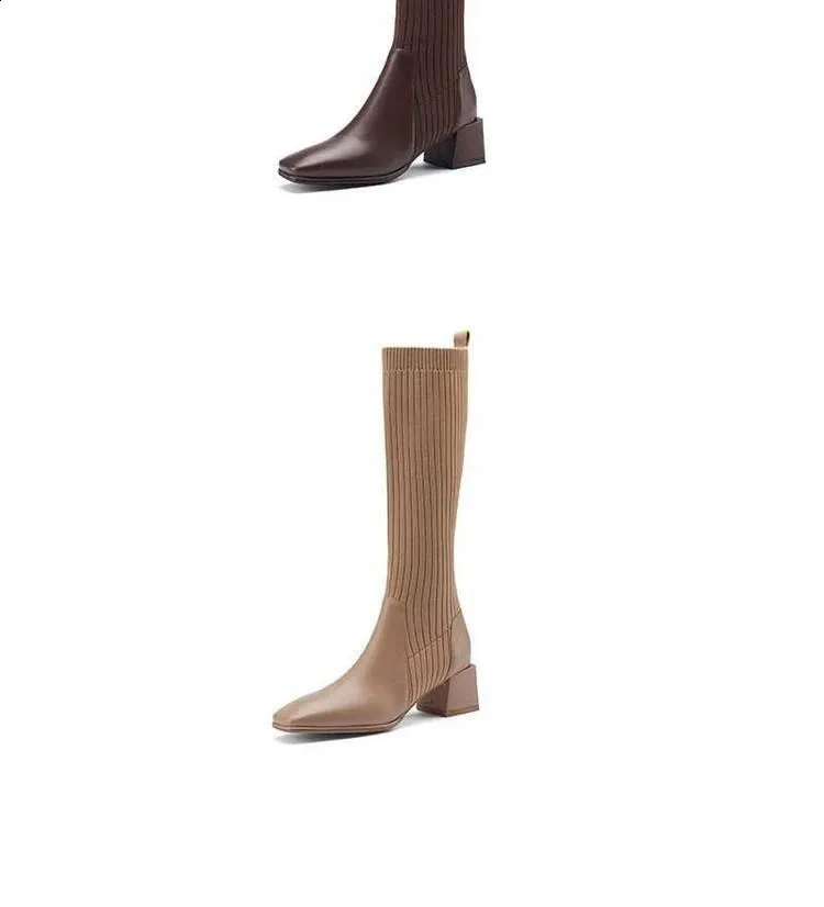 Knee Thick High Socks Winter Womens Long Boots Elegant Autumn Brown Wedge Elastic 241116_voghion.com