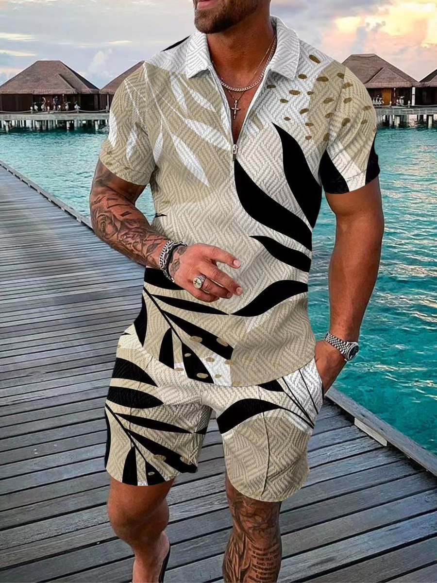 Goldener modischer Reißverschluss für Herren, lässiges 3D-gedrucktes Poloshirt, Shorts, 2-teiliges Set_voghion.com