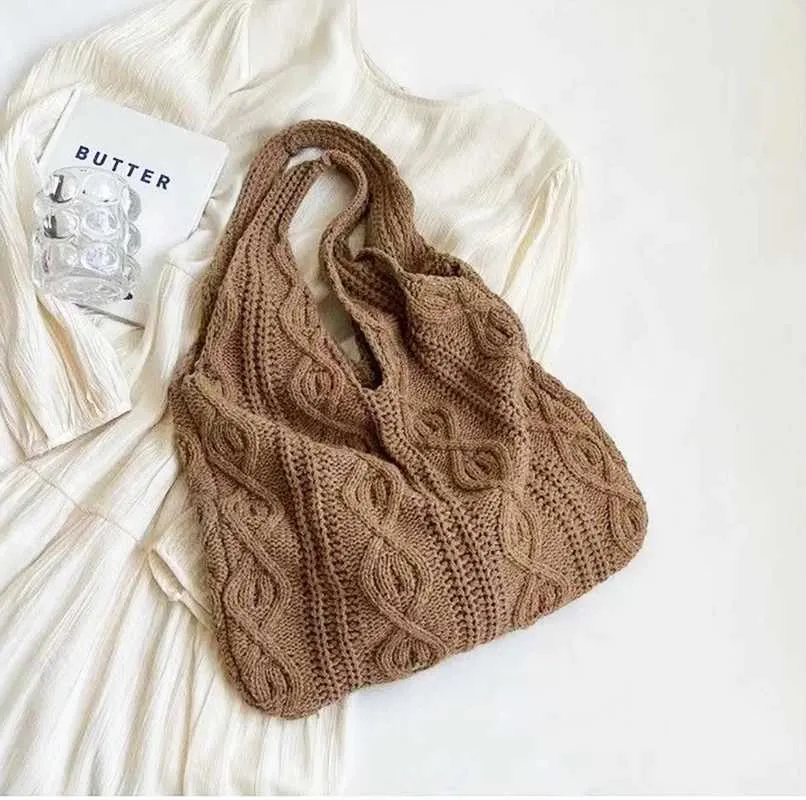 New Vintage Wool Knitted Hand Woven Shoulder Bag For Women Casual Shopping Handbag Large Capacity Female hetC241105_voghion.com