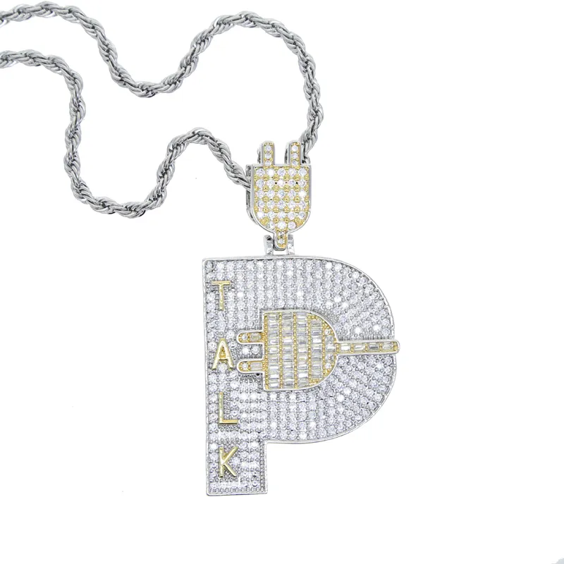 Chaînes Plaqué Or Hip Hop Hommes Bijoux Micro Pave Iced Out Bling Cubique Zircone Pavé Lettre P Forme Talk Plug Pendentif_voghion.com