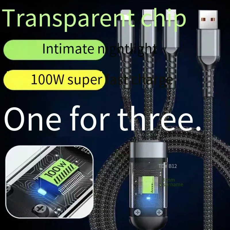 100W Transparent Digital Display Multi-device Super-fast Mobile Phone Data - Three-in-one Charging Cable_voghion.com