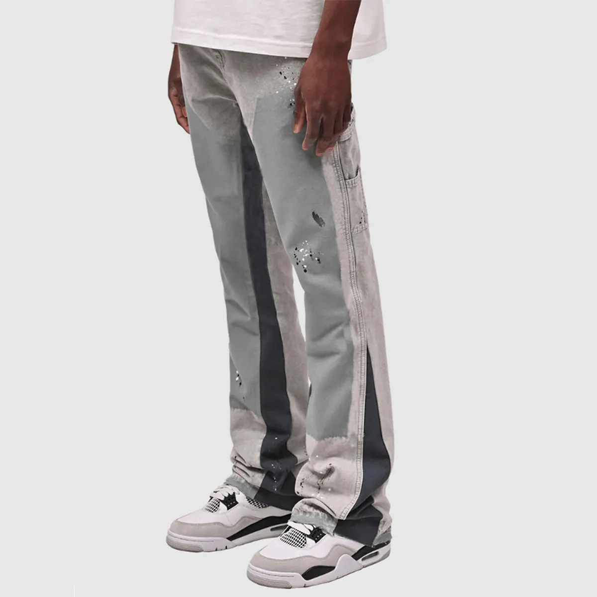 Men's Hand-Painted Flared Jeans - Black With Contrast Color Block Design, Retro Bootcut Trousers, Street Style Denim_voghion.com
