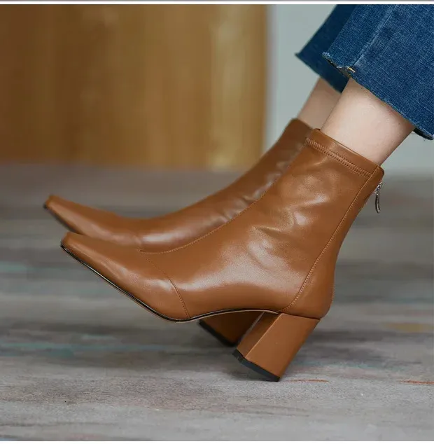 Vintage Dicke Frauen Stiefeletten Heels Boot Mode Spitzschuh Reißverschluss Winter Damenschuhe Leder Braun Kurze Booties_voghion.com
