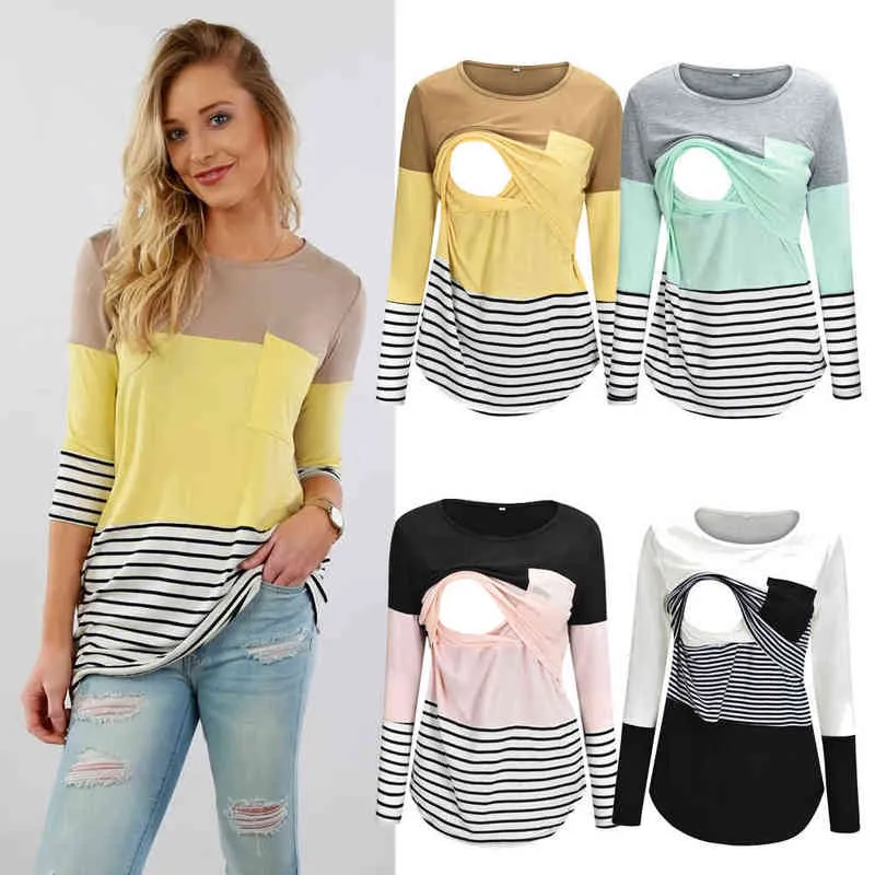 Frauen Schwangere Mutterschaft Kleidung Stillen Tops Stillen Gestreiften T-shirt Mama Langarm S/M/L/Xl/Xxl L220801_voghion.com