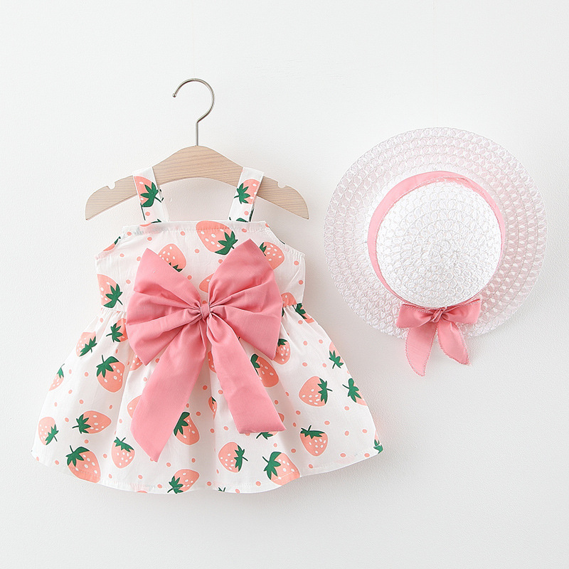 Baby Mädchen Kleid für 6-12 Monate Erdbeere Polka Dots Schleife Kleid Sommer Atmungsaktive Baumwolle Kinder Kleidung Senden Hut_voghion.com