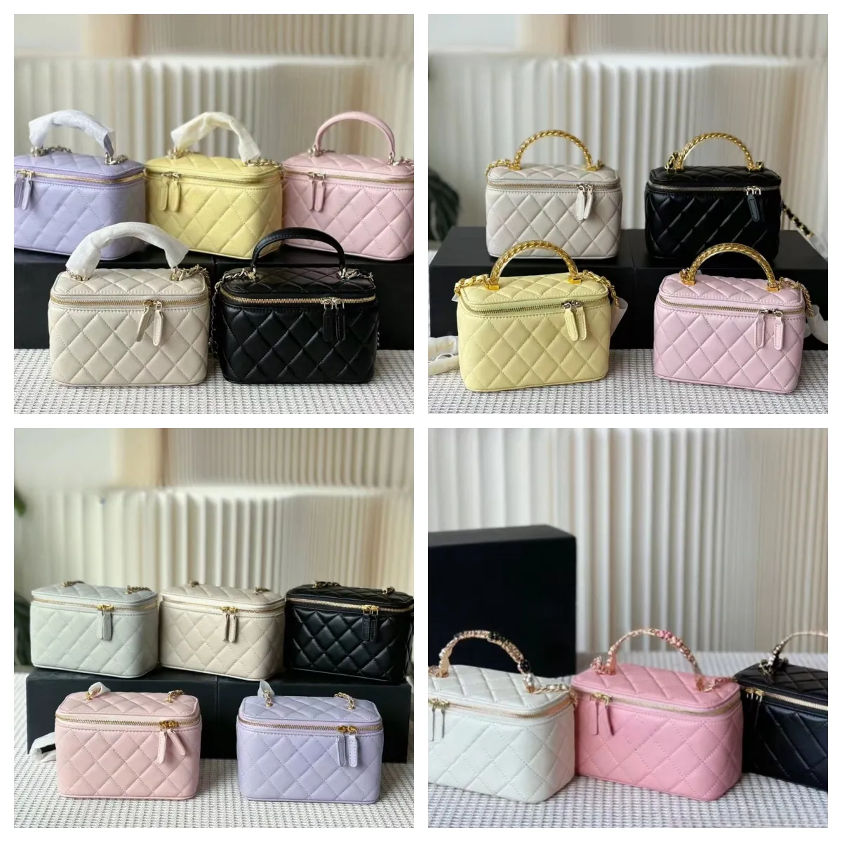 Dames klassieke mini-toilettas designer make-up draagbare schoudergreep leren gewatteerde kruis gouden metalen hardware dia_voghion.com