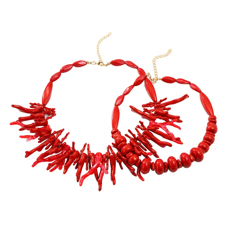 Łańcuchy 2 szt. Vintage przesadny czerwony koralowy naszyjnik dla kobiet dziewcząt moda boho styl oświadczenie retro naszyjniki fine_voghion.com