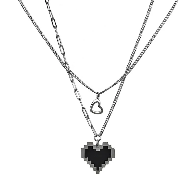 Collana con ciondolo a forma di cuore a doppio strato in acciaio inossidabile per donna, semplice girocollo hip hop con mosaico a forma di cuore cavo_voghion.com