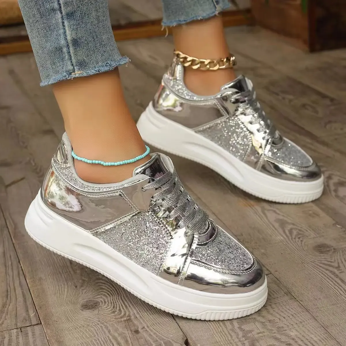 Women's Gold Sequins Platform Sneakers Autumn Fashion Casual Sports Thick Bottom Vulcanized Woman Flats Heels Shoes_voghion.com