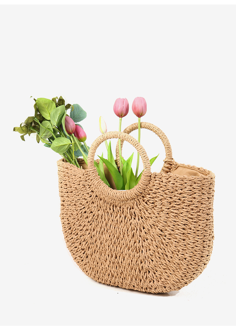 Einfache und vielseitige handgehaltene halbrunde Strohtasche, neue gewebte Tasche mit großem Fassungsvermögen, Strandtasche im Urlaubsstil, handgehaltener Gemüsekorb_voghion.com