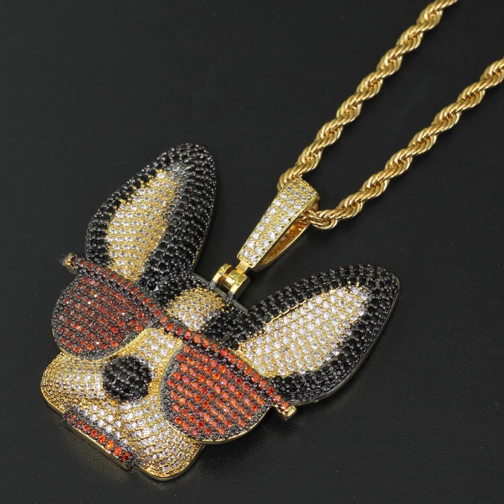 Colgante de latón con circonita cúbica grande y diseño de perro ingenioso con gafas, collar de estilo hip hop helado para hombres y mujeres, joyería de fiesta, regalo CN1371_voghion.com