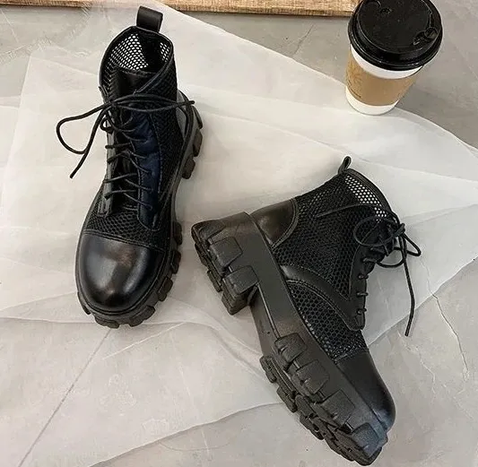 Booties Kurze Schuhe für Damen Punk Style Schwarze Biker Schnürschuhe Leder mit Schnürsenkeln Combat Damen Stiefeletten_voghion.com