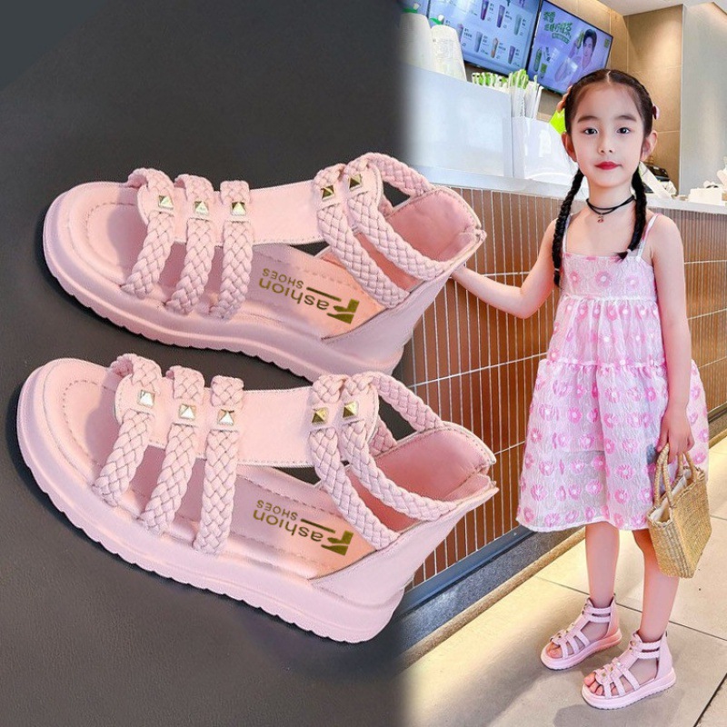 Sandali da ragazza Estate 2024 Scarpe da principessa open toe di nuova moda, scarpe romane per bambine con suola morbida per bambini grandi_voghion.com