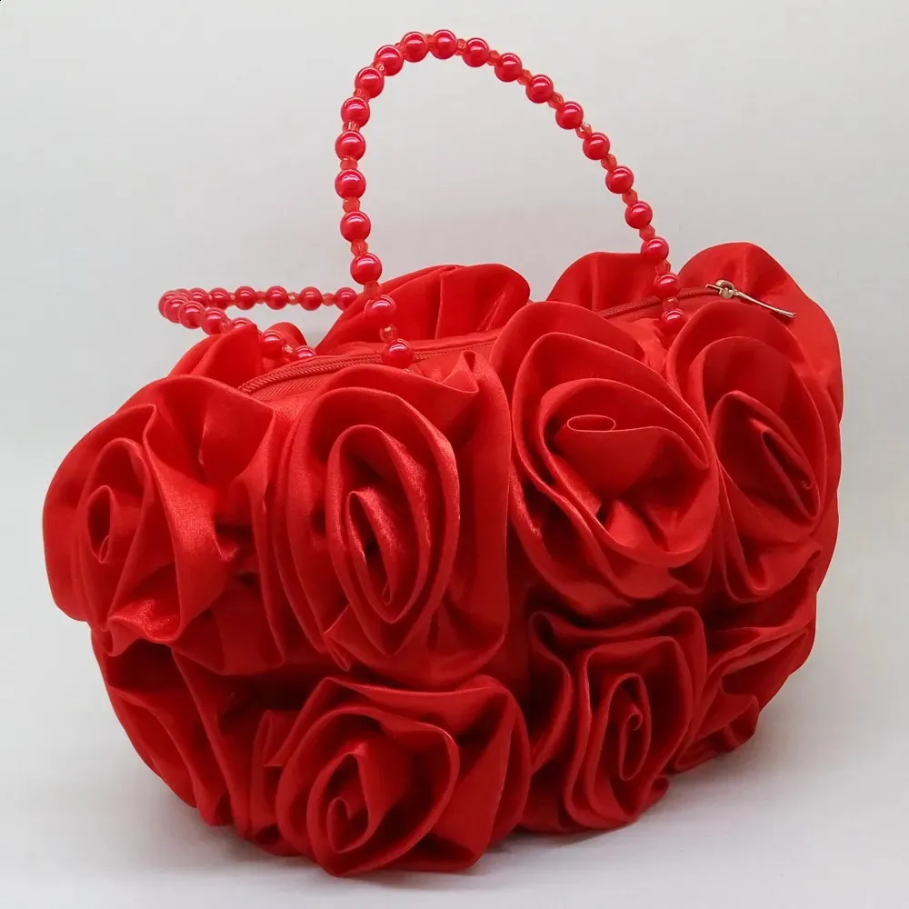 Boutique De FGG Red wer Rose Bush Donna Borsa da sera in raso con manico in perline Borsa da sposa Borsa da sposa Clutch 240726_voghion.com