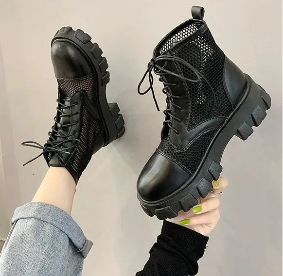 Booties Kurze Schuhe für Damen Punk Style Schwarze Biker Schnürschuhe Leder mit Schnürsenkeln Combat Damen Stiefeletten_voghion.com