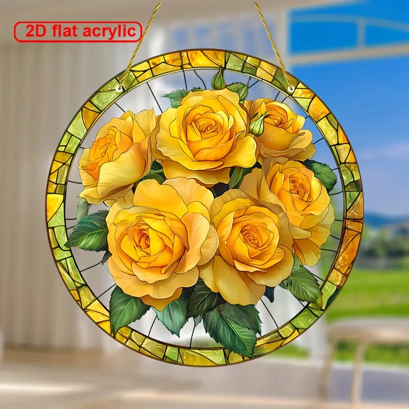 Acchiappasole Golden Rose - Arte in acrilico colorato da 8". Decorazione floreale primaverile per ingressi di case coloniche o regalo prezioso per donne._voghion.com