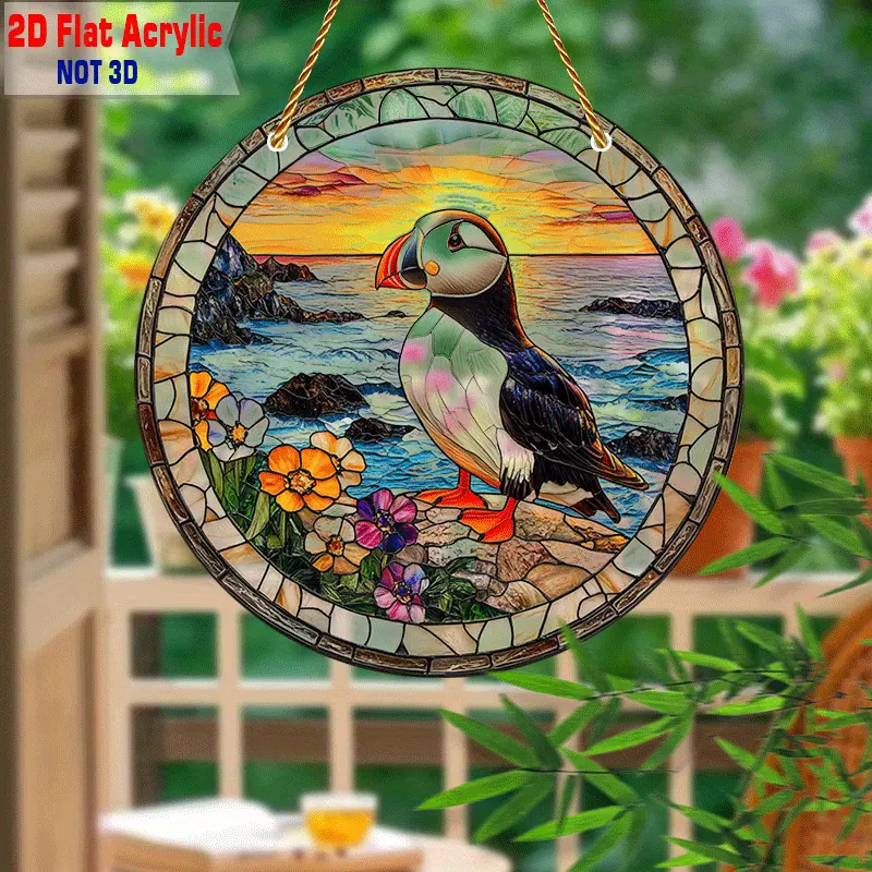 8" Puffin Suncatcher - rannikuteemaline 2D akrüüldekoor. Ideaalne verandale/kabinetti/elutuppa. Erksavärviline õueaktsent. Ideaalne kingitus linnusõpradele._voghion.com