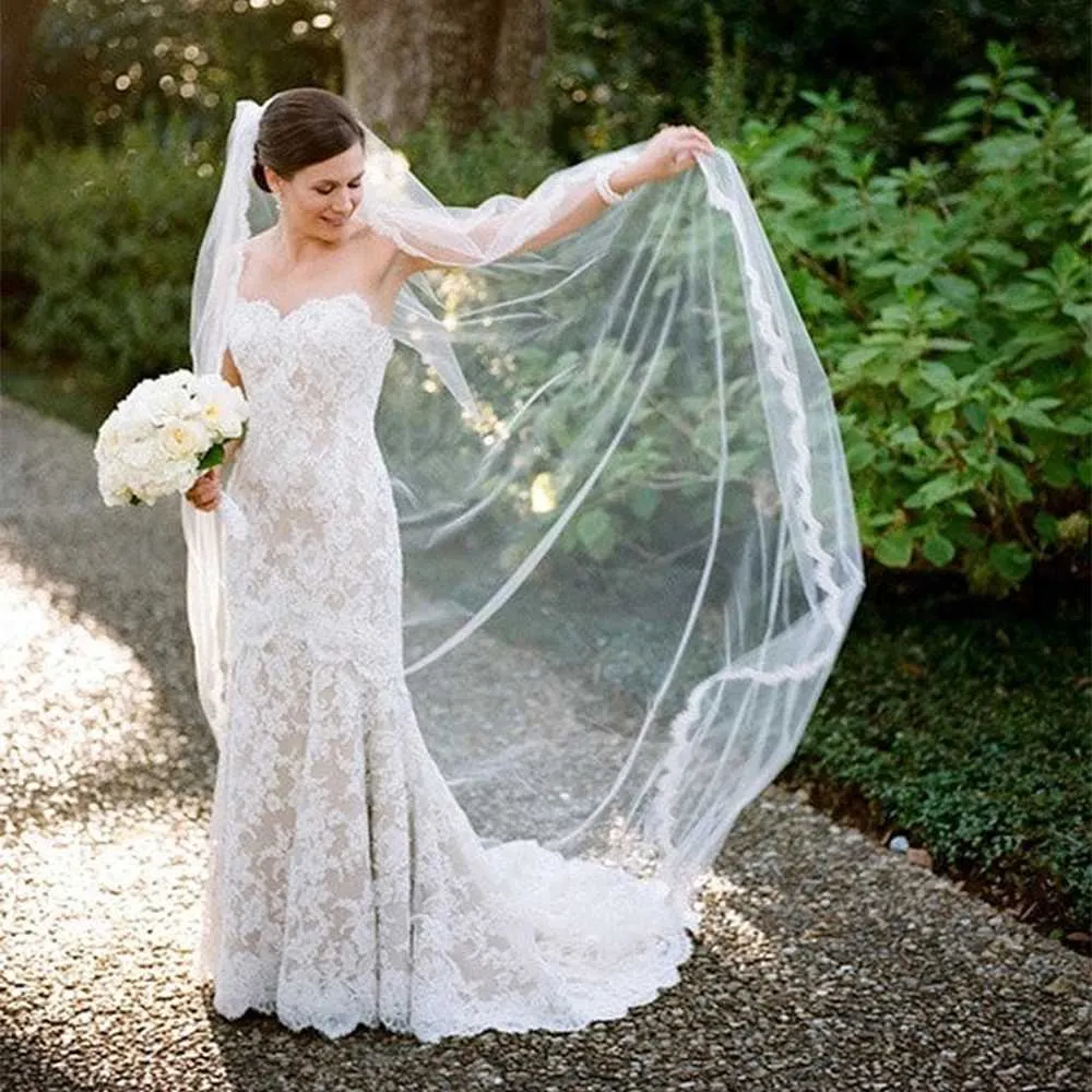 Velo di gioielli per capelli 1 livello Veli lunghi Accessori da sposa da sposa Capesante in pizzo Morbido tulle corto Veu VP98_voghion.com