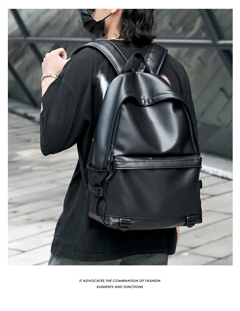 Schwarzer Leder für Herren Business Travel Wasserdichter Daypack PU 16 Zoll Laptop-Rucksack 240829_voghion.com