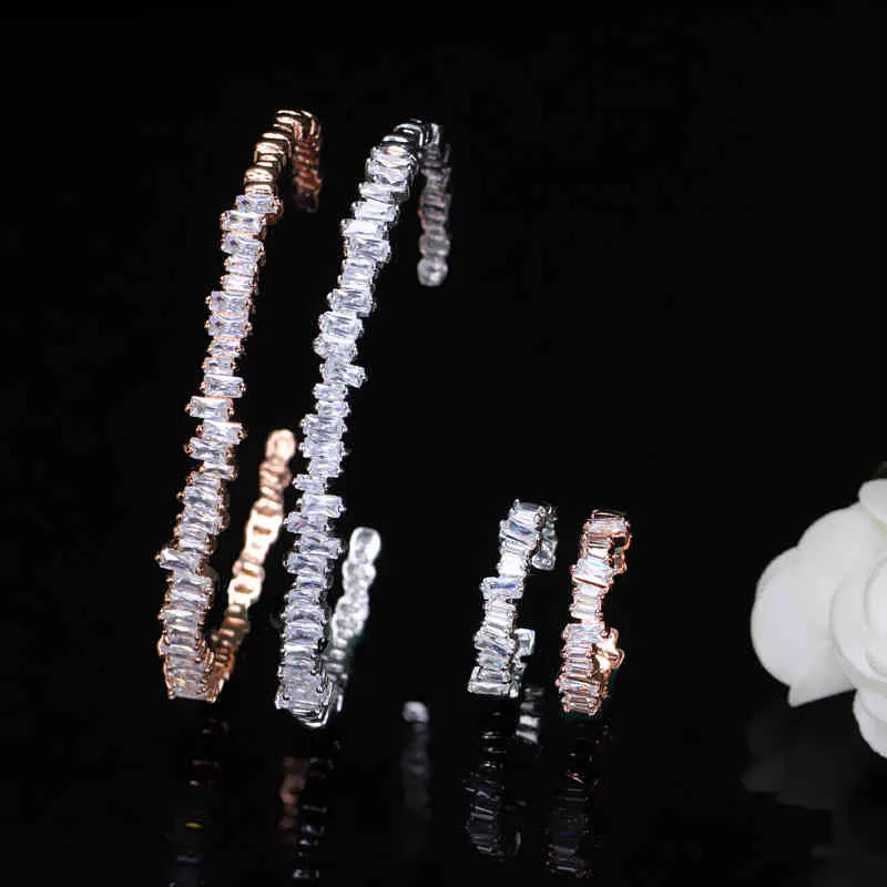 Cwwzircons Moda Ouro Rosa Cor Baguette Cubic Zirconia Cuff Pulseira Pulseira e Conjuntos de Anel Melhor Amigo Jóias Presente_voghion.com