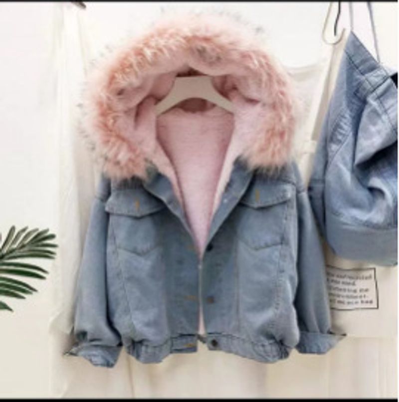 Vêtements pour femmes, hauts en jean à col en fourrure épaisse, vestes courtes amples en coton pelucheux pour femmes_voghion.com