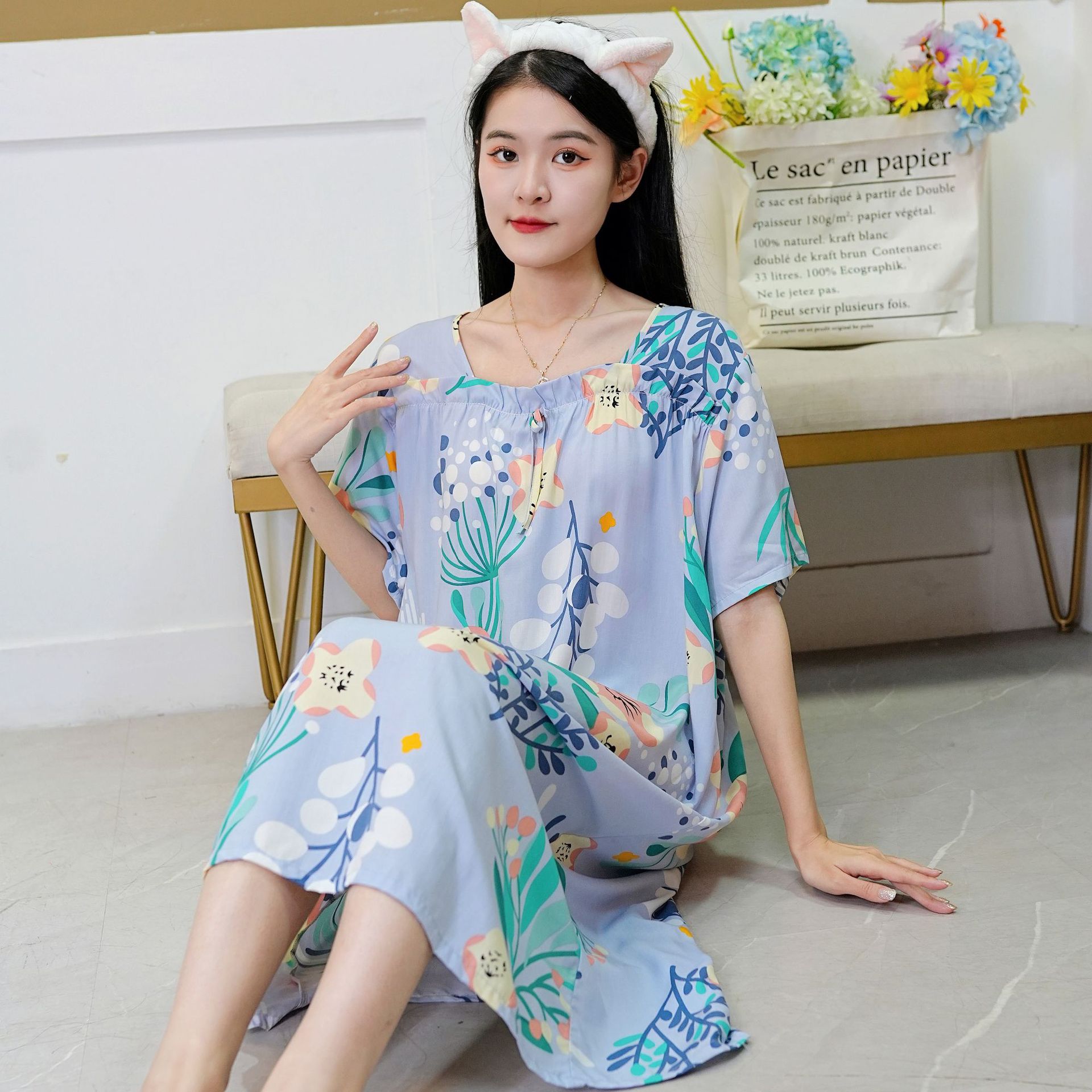 Indumenti da notte da donna Camicia da notte in cotone e seta da donna, dolce, carino, sottile, da indossare per la casa, gonna a maniche corte di grandi dimensioni_voghion.com